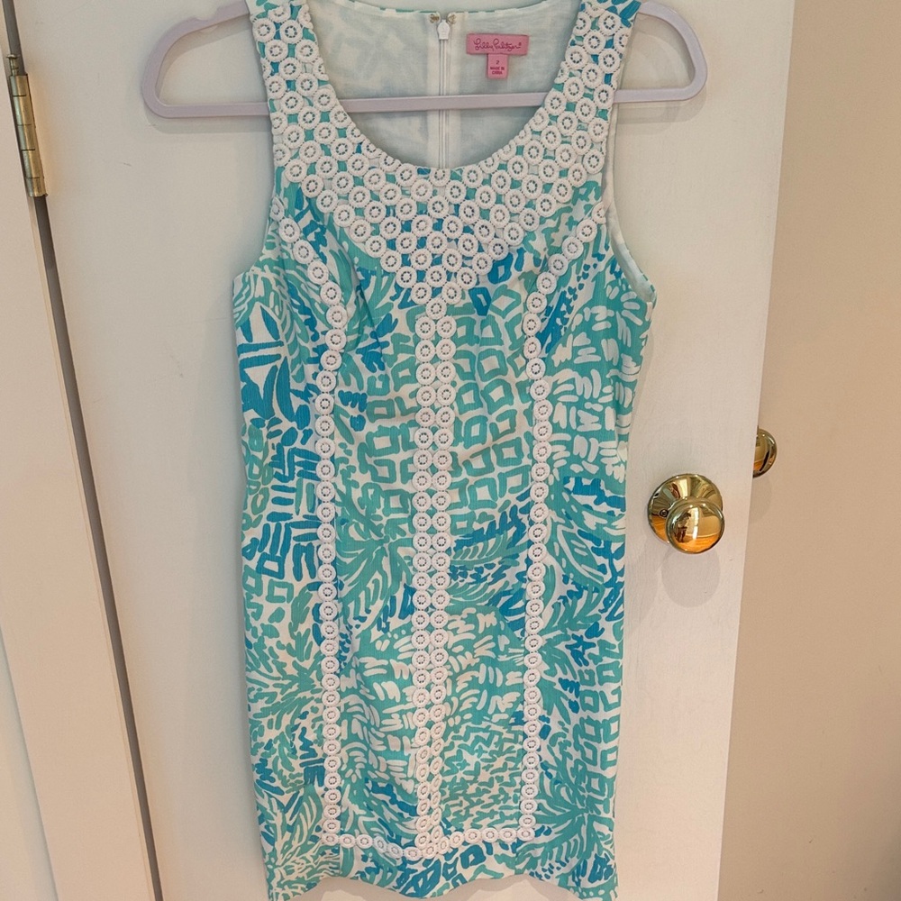 Lilly Pulitzer Turquoise and White Embroidered Shift Dress